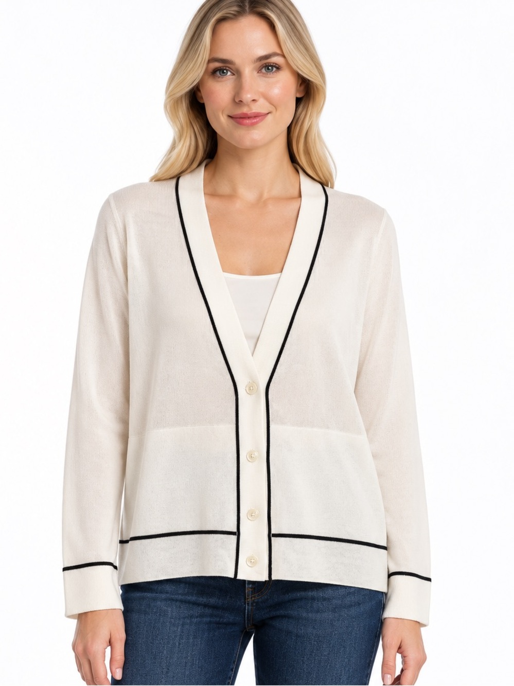 Athleta Wool Blend Size XL White V-Neck Button Cardigan with Navy Trim